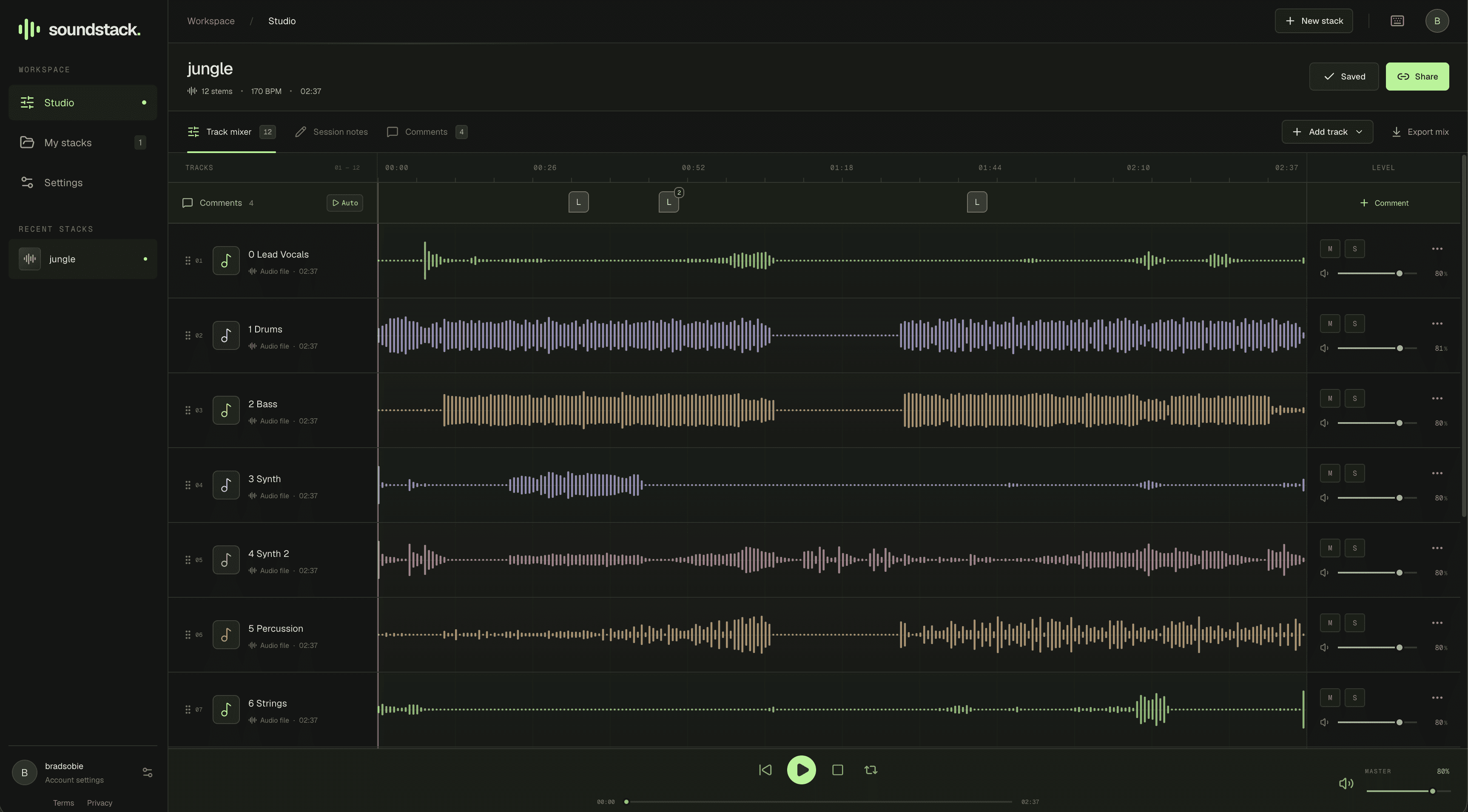 SoundStack studio with multitrack waveforms and mixing controls