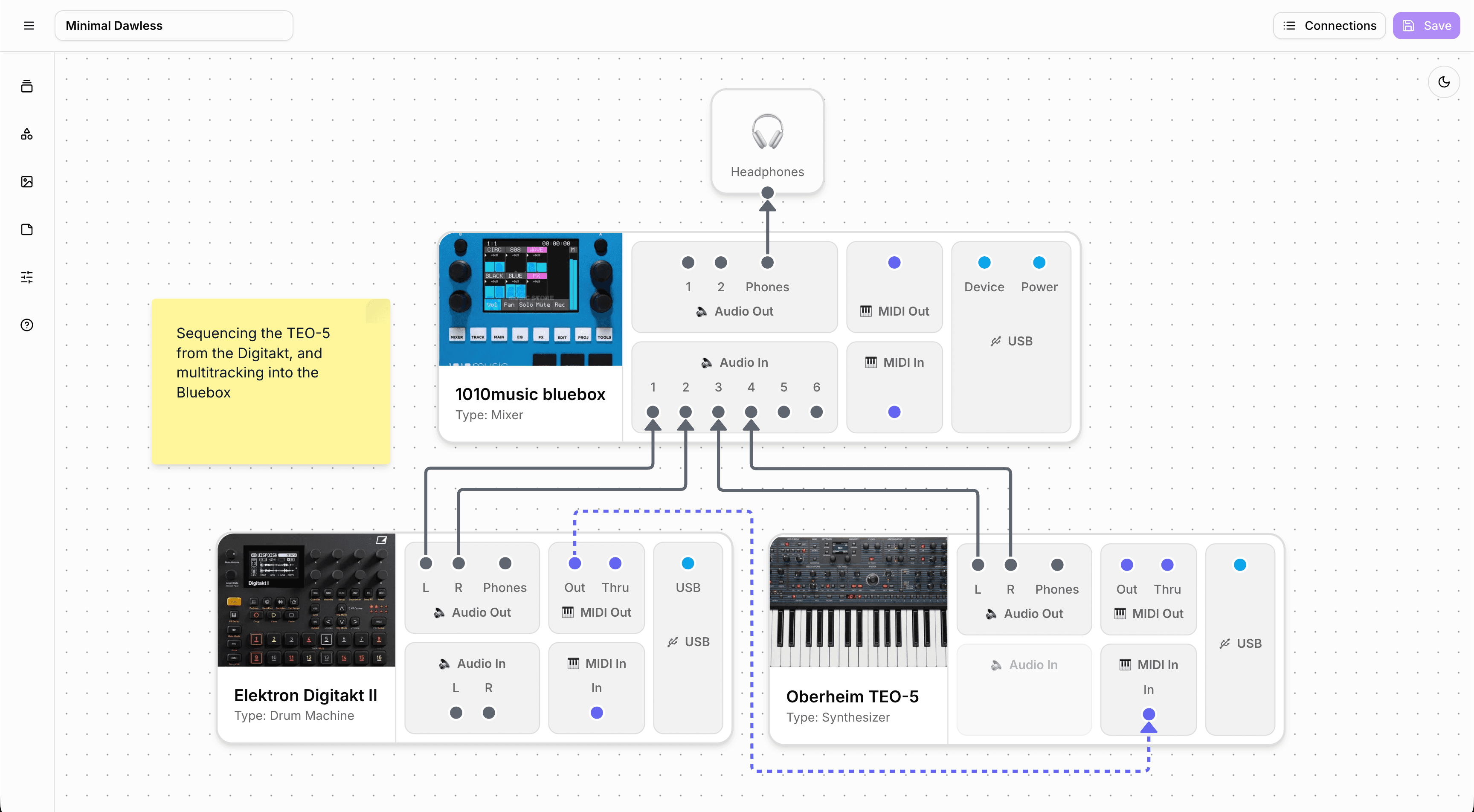 Studio Architect workspace with a gear library and connected signal-flow diagram